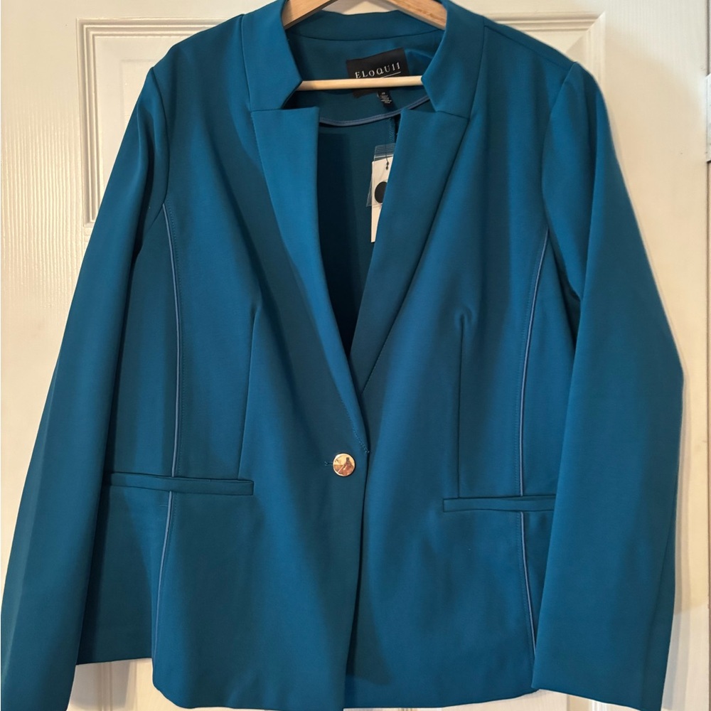 Eloquii Blue Blazer with Notched Lapels and Tailored Silhouette